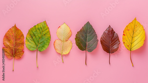 A collection of multicolored autumn leaves arranged on a pink pastel background.