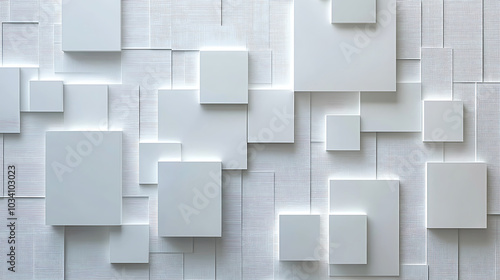 A modern design with overlapping white and light grey squares  creating a minimalist and geometric pattern