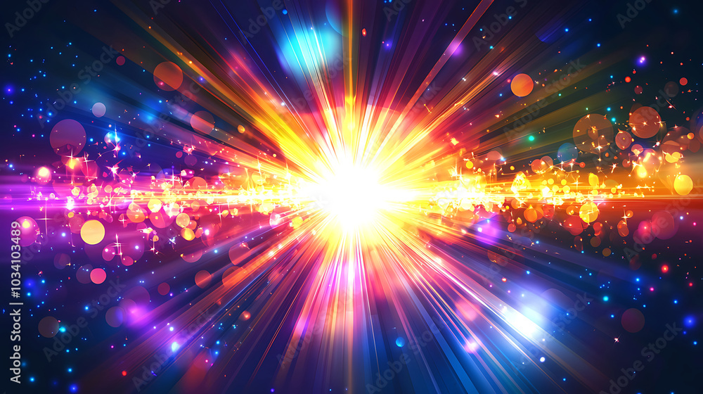stunning burst of light with colorful rays spreading outward against a black background. stunning burst of light with colorful rays spreading outward against a black background.