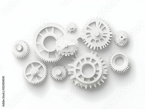 Flat Floating White Gears Concept: Close-Up of Interlocking Gears in Mid-Air for Creativity and Cognitive Function - Simple Vector Illustration on White Background