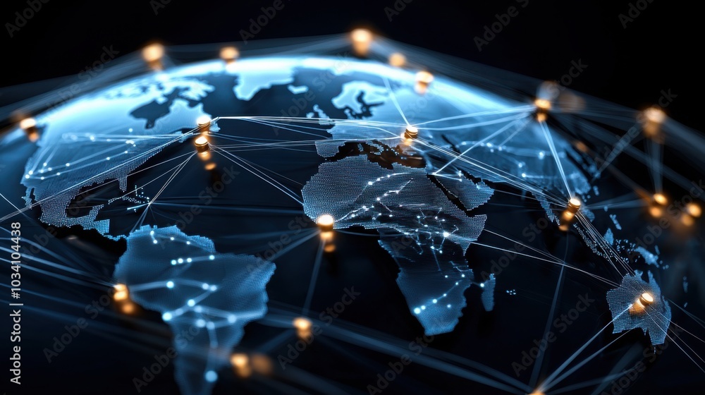 Digital world map with glowing network connections and nodes Stock ...