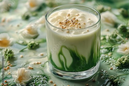 A creamy drink with green swirls, topped with crunchy bits, surrounded by delicate flowers and a fresh, verdant backdrop.