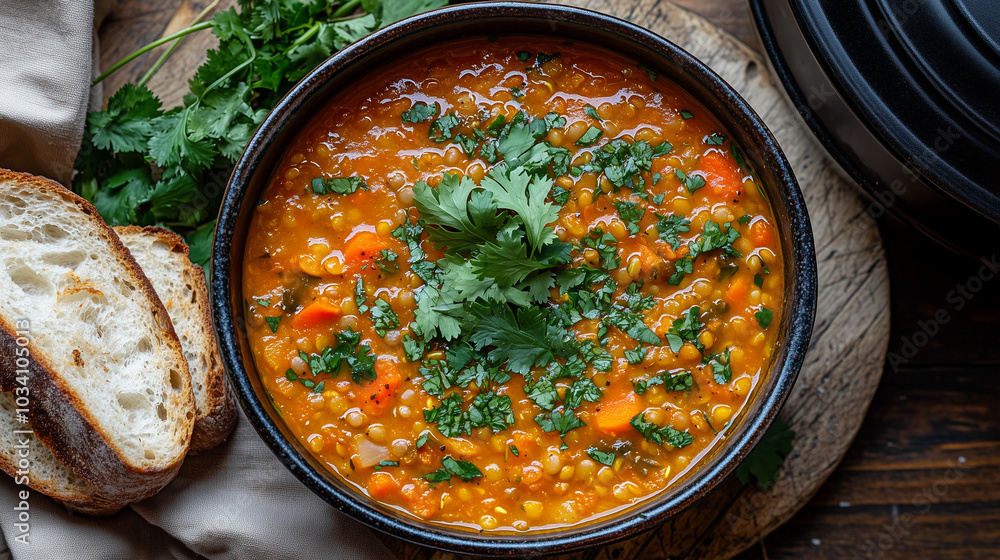 Hearty Moroccan-spiced lentil and carrot soup with fresh herbs, a comforting bowl of warmth Hearty Moroccan-spiced lentil and carrot soup with fresh herbs, a comforting bowl of warmth