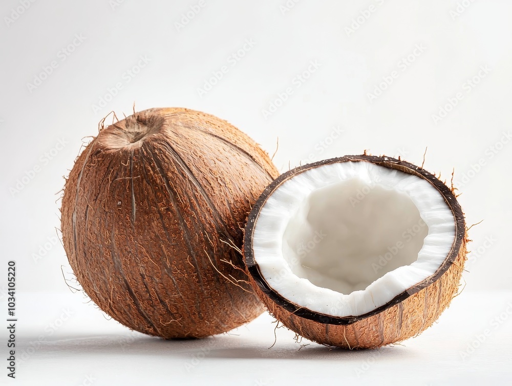 Whole Coconut with Cut Out Piece Revealing Its Soft White Interior Whole Coconut with Cut Out Piece Revealing Its Soft White Interior