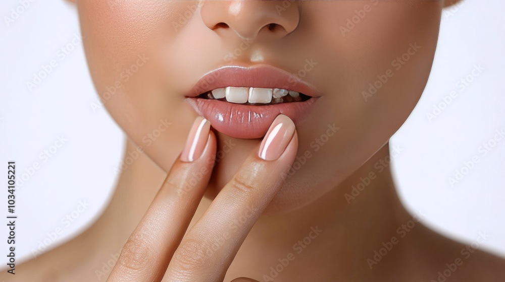 Obraz premium Close-up of a woman's lips and fingers in soft natural light