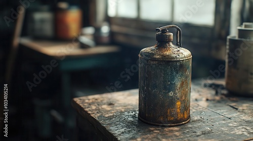 Rustic old metal oil can on a wooden table on a sunny day