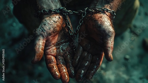 Dirty hands bound by metal chains in a dramatic environment