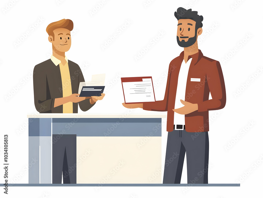 Flat Voter ID Verification Process: Medium Shot of Election Official Respectfully Validating Voter ID with Seriousness and Care in Simple Flat Vector Illustration Flat Voter ID Verification Process: Medium Shot of Election Official Respectfully Validating Voter ID with Seriousness and Care in Simple Flat Vector Illustration