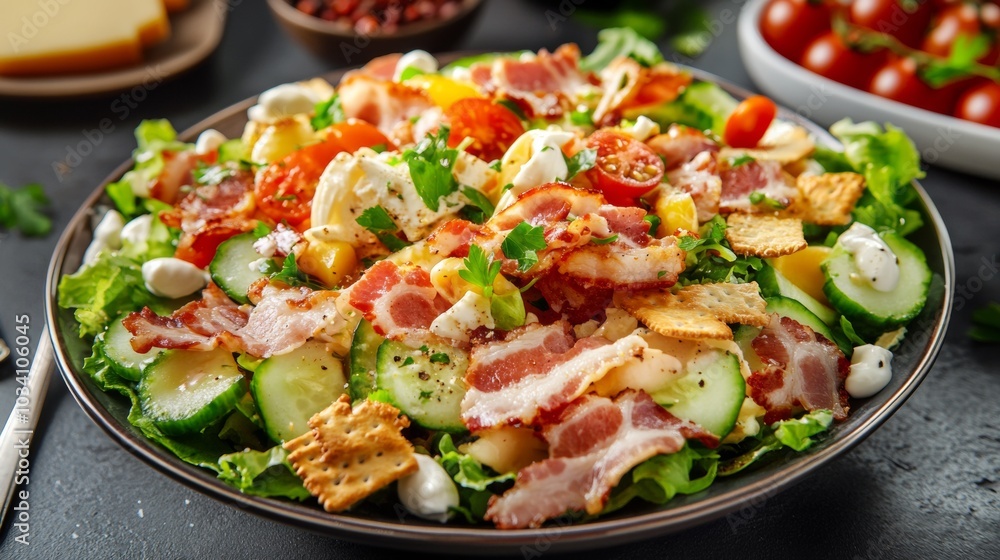 The national cuisine of Great Britain: Salad with bacon and crackers. The national cuisine of Great Britain: Salad with bacon and crackers.