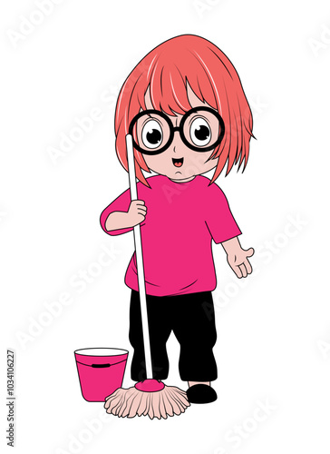 Cute Girl Cartoon With Mop