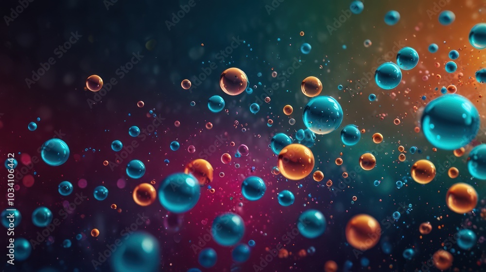 Abstract background with floating blue and orange spheres on a dark gradient background. Abstract background with floating blue and orange spheres on a dark gradient background.