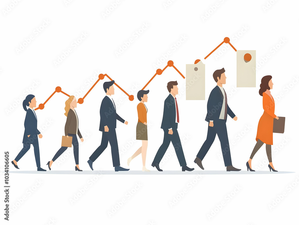 Flat vector illustration of a politician's social media follower growth chart, highlighting key growth points over time with a simple line graph on a white background. Flat vector illustration of a politician's social media follower growth chart, highlighting key growth points over time with a simple line graph on a white background.