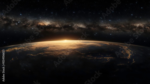 A stunning panoramic view of Earth from space, showcasing the sunrise over the horizon with the Milky Way galaxy in the background. photo