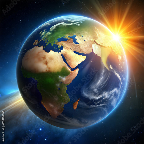  Earth globe in the rays of the rising sun symbolizing hope and new beginnings