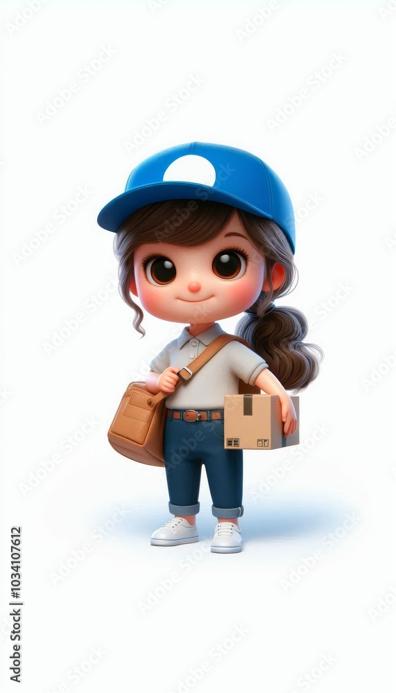 3d stylized of a girl as a courrier. posing facing the camera, wearing a polo tshirt and baseball cap. holding a cardboard box 3d stylized of a girl as a courrier. posing facing the camera, wearing a polo tshirt and baseball cap. holding a cardboard box