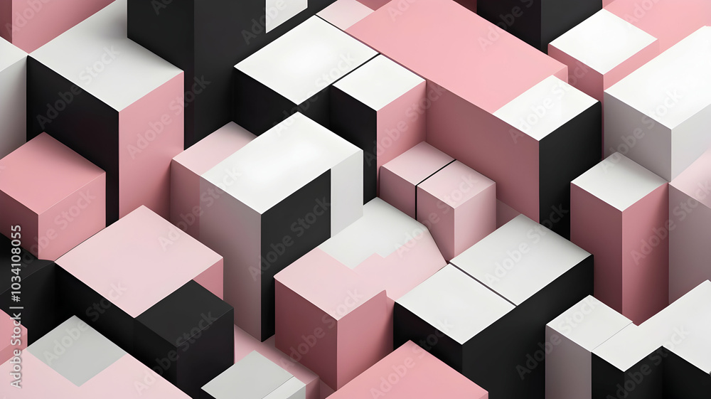 Geometric Cubical Background with pink, black, turquoise accents, Modern, Minimalist Design on White Geometric Cubical Background with pink, black, turquoise accents, Modern, Minimalist Design on White