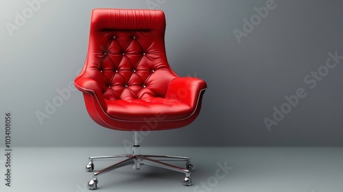 A red leather swivel chair with a chrome base and tufted upholstery sits against a gray background.