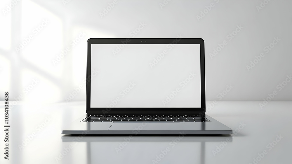 3D Plain Laptop with Blank Screen on Glossy White Desk - Modern Design Symbolizing Online Buying & Revenue Generation 3D Plain Laptop with Blank Screen on Glossy White Desk - Modern Design Symbolizing Online Buying & Revenue Generation
