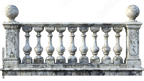  A seamless image of a classic Italian stone balustrade, showcasing detailed stonework and elegant curves on white background