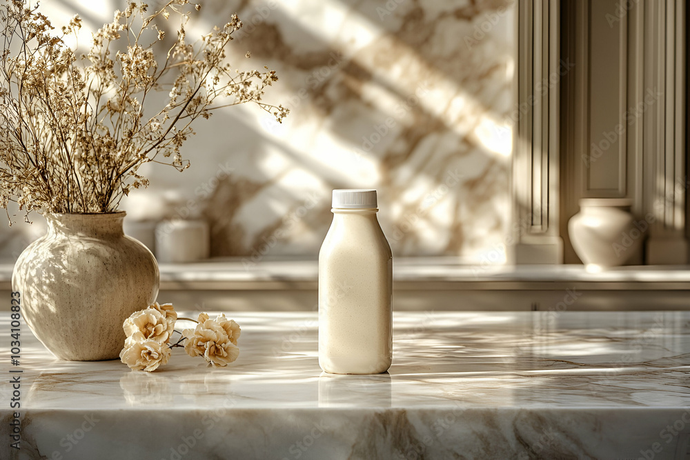 A serene setting featuring a bottle of milk alongside a vase with dried flowers, set against a marble background with soft sunlight. A serene setting featuring a bottle of milk alongside a vase with dried flowers, set against a marble background with soft sunlight.