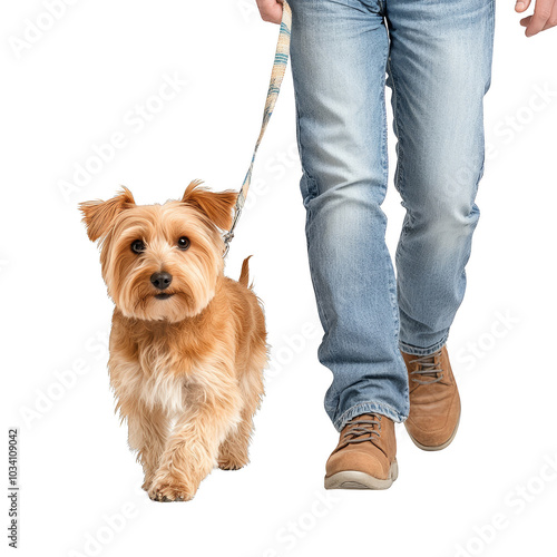 Person walking a small dog on a leash, white isolated background.