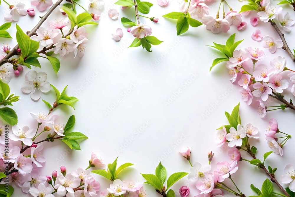 Obraz premium Cherry blossom frame on white background with empty space