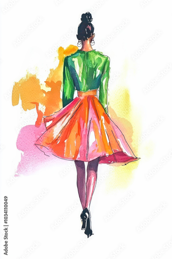 Fototapeta premium Watercolor fashion illustration of a woman in a vibrant flowing skirt viewed from behind.
