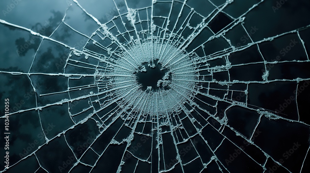 Fototapeta premium Shattered glass window with intricate central cracks design