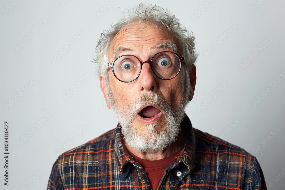 Elderly Man Expresses Surprise with Wide Eyes and Open Mouth in a Bright, Minimalist Setting Elderly Man Expresses Surprise with Wide Eyes and Open Mouth in a Bright, Minimalist Setting
