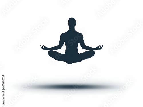 Flat Floating Meditation Figure Concept - Wide Shot of White Silhouette in Lotus Position Floating in Mid Air, Emphasizing Inner Balance - Isolated on White Background - Simple Flat Vector Illustratio