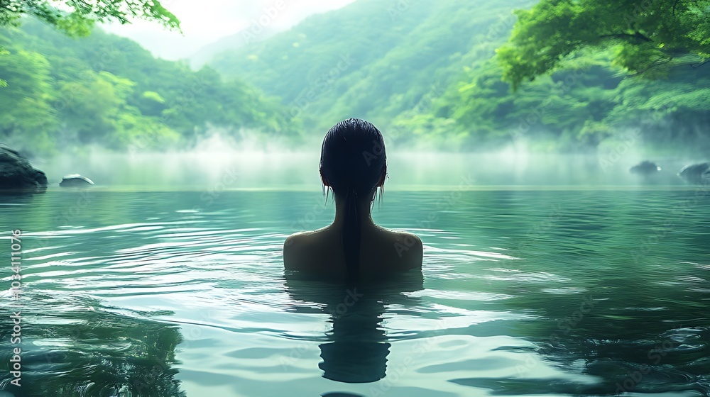 A woman relaxes in a hot spring surrounded by lush greenery and mist. A woman relaxes in a hot spring surrounded by lush greenery and mist.