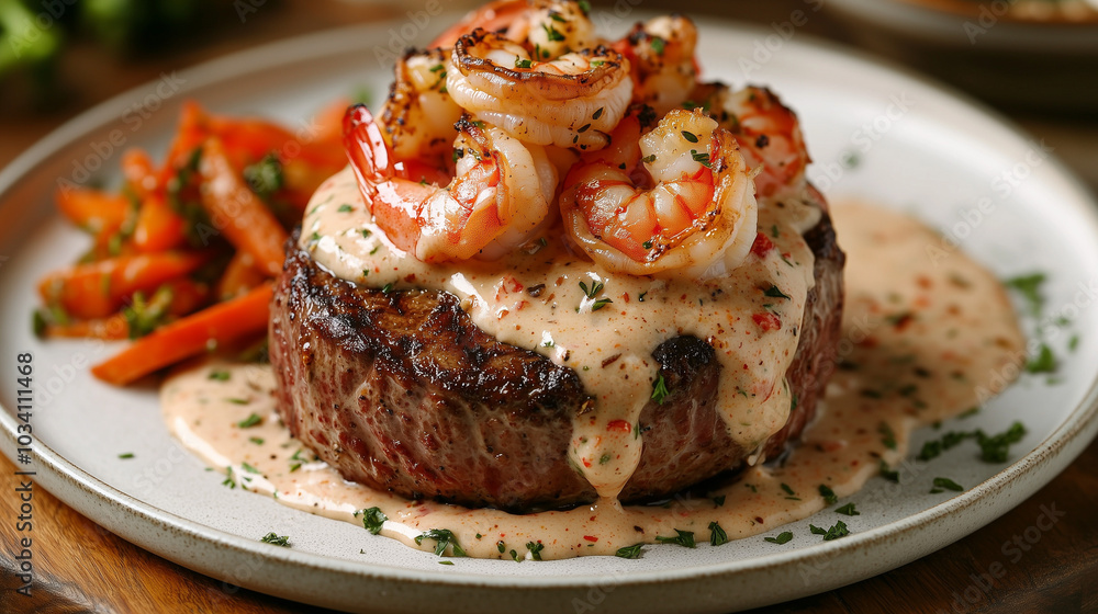 Grilled filet mignon topped with shrimp and creamy sauce, served with vegetables Grilled filet mignon topped with shrimp and creamy sauce, served with vegetables