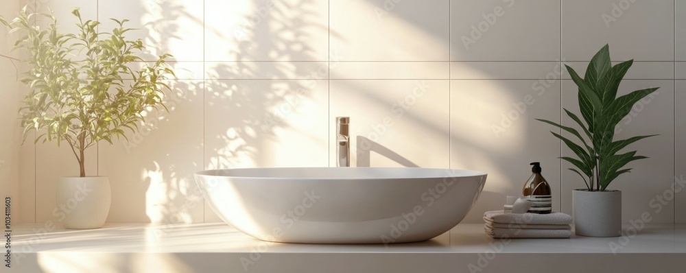 Fototapeta premium Modern bathroom with serene bathtub and natural greenery