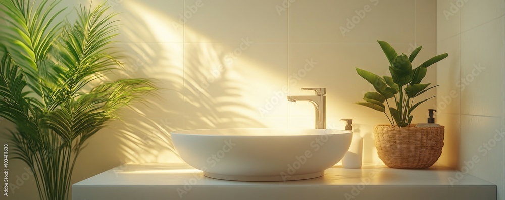 Obraz premium Serene bathroom with natural light and greenery