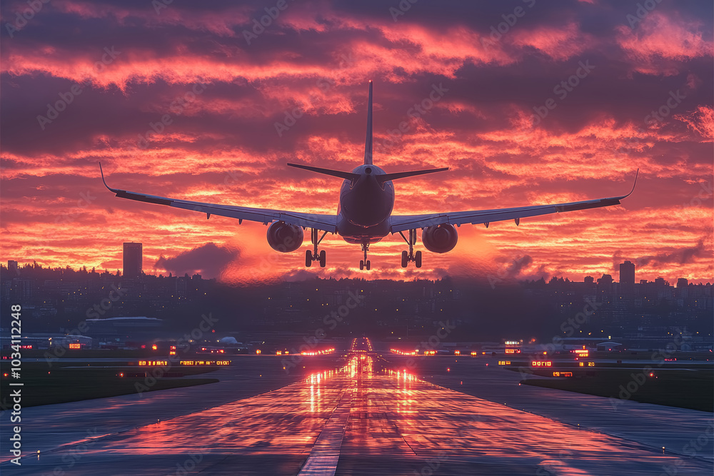 Airplane landing at the airport at stunning red sunset. Airplane landing at the airport at stunning red sunset.