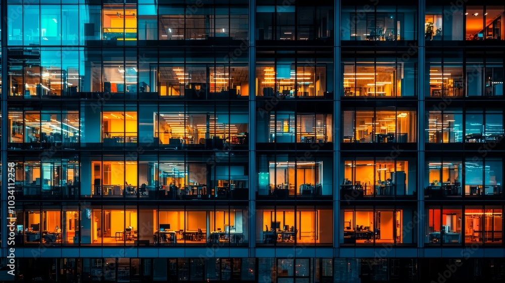 Exterior view of a modern office building with glowing lights at night Exterior view of a modern office building with glowing lights at night