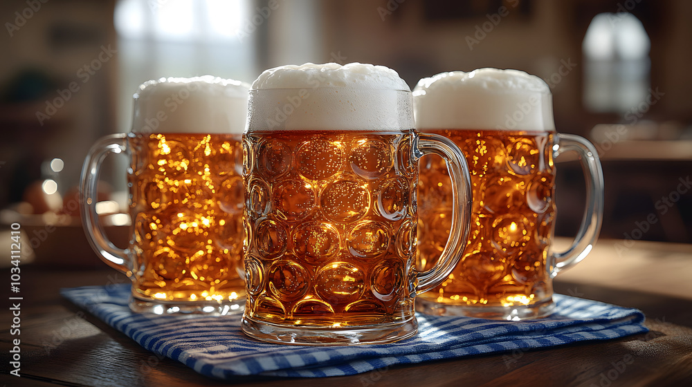A Photo of Three Tall Glass Mugs with Foam on Top Sitting on a Wooden Table
A Photo of Three Tall Glass Mugs with Foam on Top Sitting on a Wooden Table