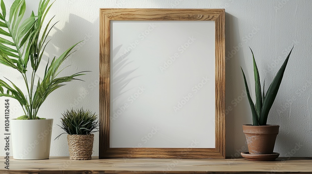 Wooden frame with plants on a desk for home decor setup Wooden frame with plants on a desk for home decor setup
