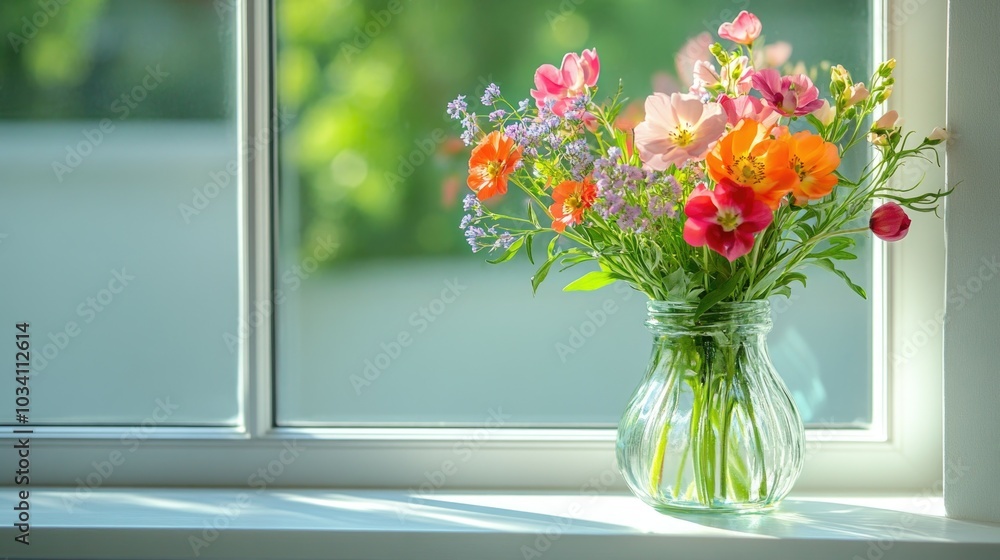Vibrant bouquet of wildflowers in a sunlit window Vibrant bouquet of wildflowers in a sunlit window
