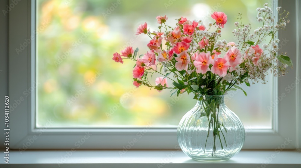 Fresh floral arrangement in a sunlit window Fresh floral arrangement in a sunlit window