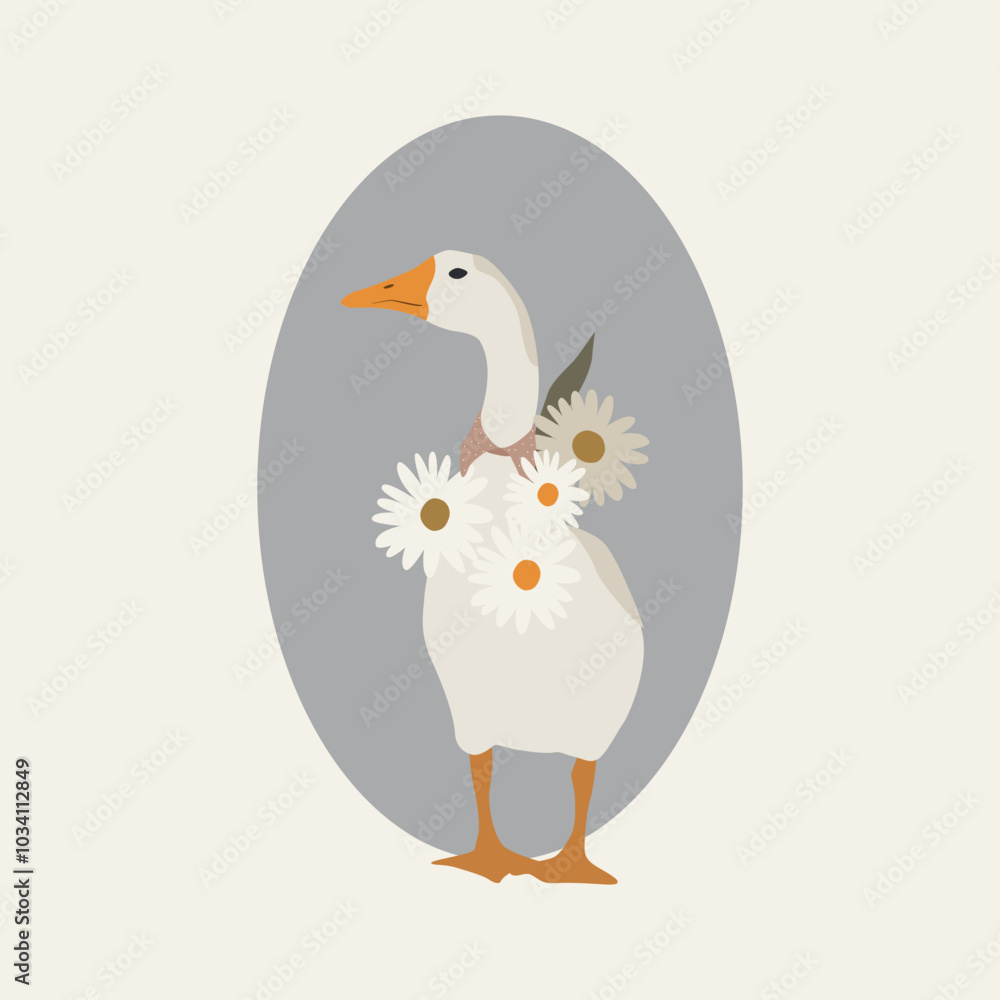 Flat goose with daisies and bow illustration. Vector clipart of domestic bird in retro style. Goosling theme Flat goose with daisies and bow illustration. Vector clipart of domestic bird in retro style. Goosling theme