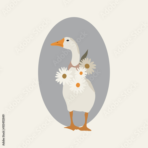Flat goose with daisies and bow illustration. Vector clipart of domestic bird in retro style. Goosling theme