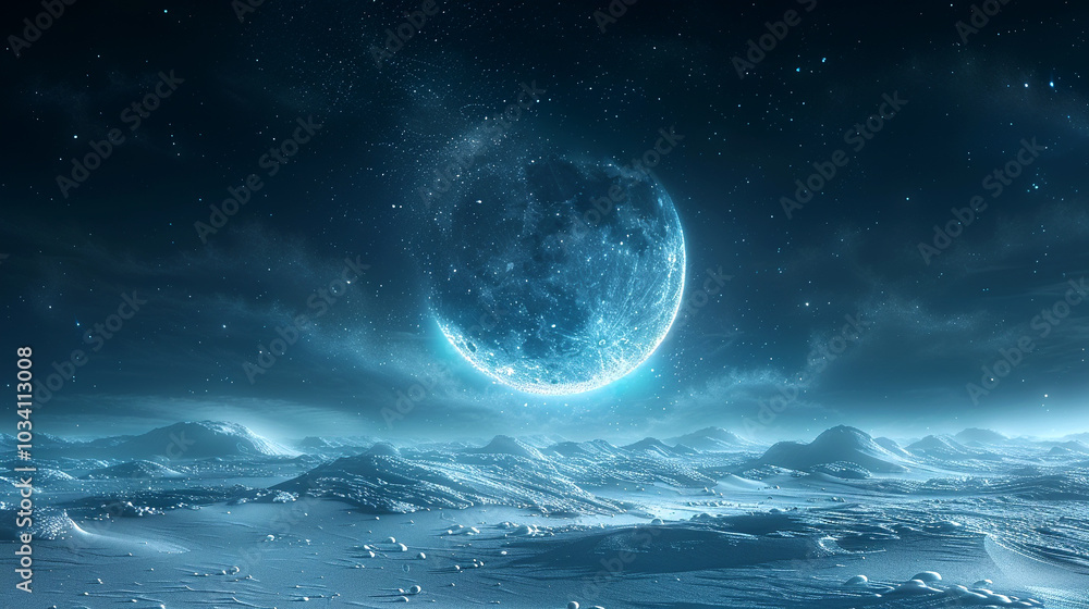 A mystical moon illuminates a serene, icy landscape under a starlit sky at night A mystical moon illuminates a serene, icy landscape under a starlit sky at night
