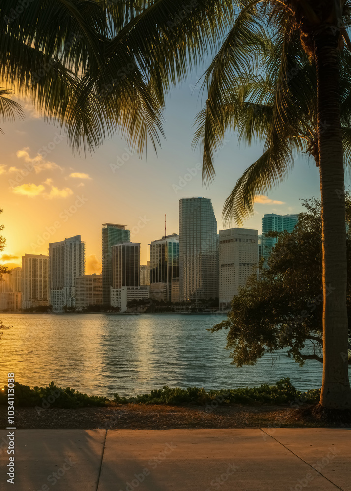 Obraz premium Miami Florida skyline and bay at sunset landscape.