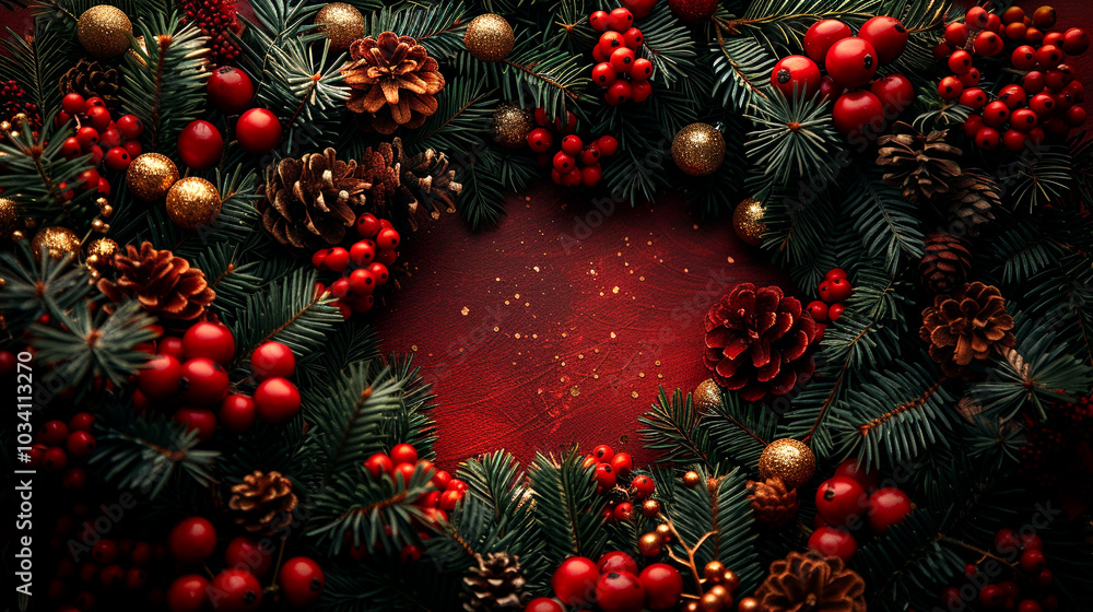 Festive holiday wreath adorned with red berries and pinecones on a vibrant background Festive holiday wreath adorned with red berries and pinecones on a vibrant background