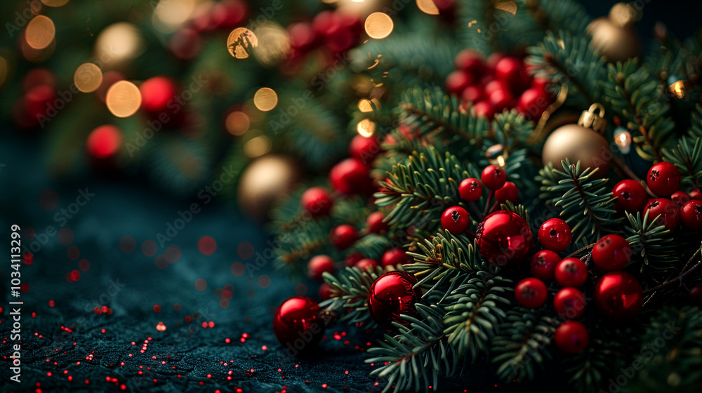Festive holiday greenery adorned with vibrant red berries and shimmering gold ornaments Festive holiday greenery adorned with vibrant red berries and shimmering gold ornaments