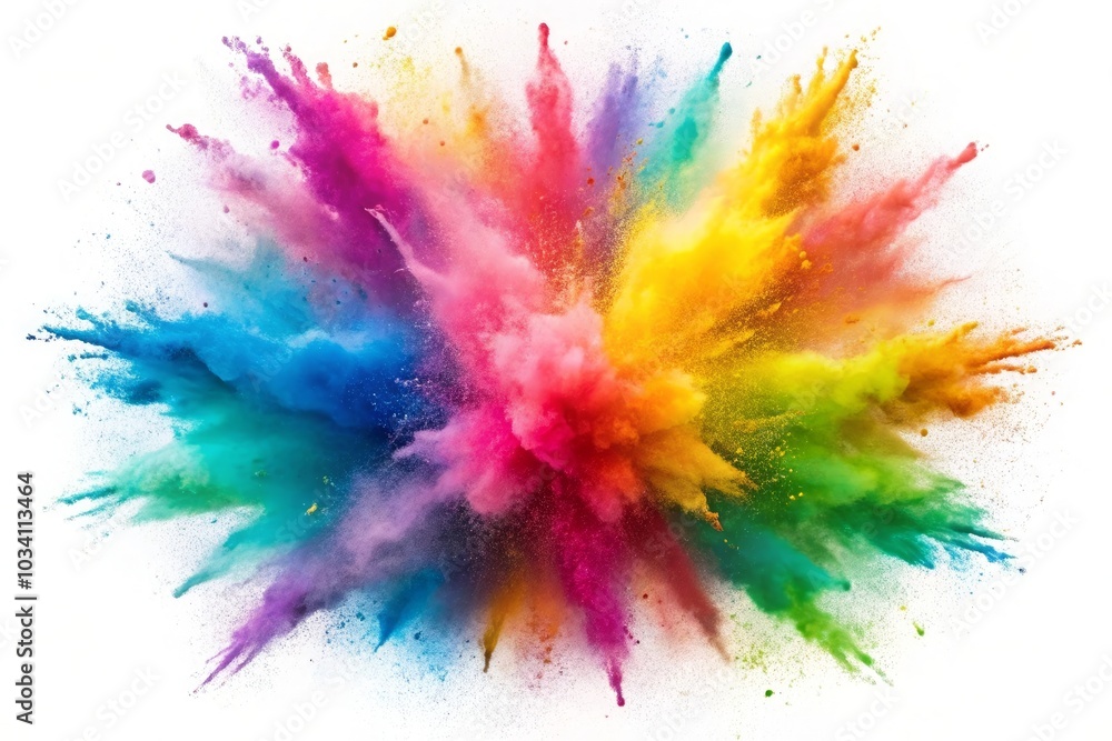 Colorful explosion of powder with freeze isolated on white background, abstract splatter of colored dust powder, explosion Colorful explosion of powder with freeze isolated on white background, abstract splatter of colored dust powder, explosion