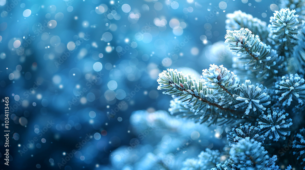 A serene winter atmosphere with snowflakes gently falling on frosted pine branches A serene winter atmosphere with snowflakes gently falling on frosted pine branches