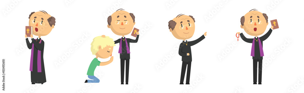 Funny Catholic Man Priest with Cross and Bible Vector Set Funny Catholic Man Priest with Cross and Bible Vector Set