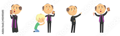 Funny Catholic Man Priest with Cross and Bible Vector Set